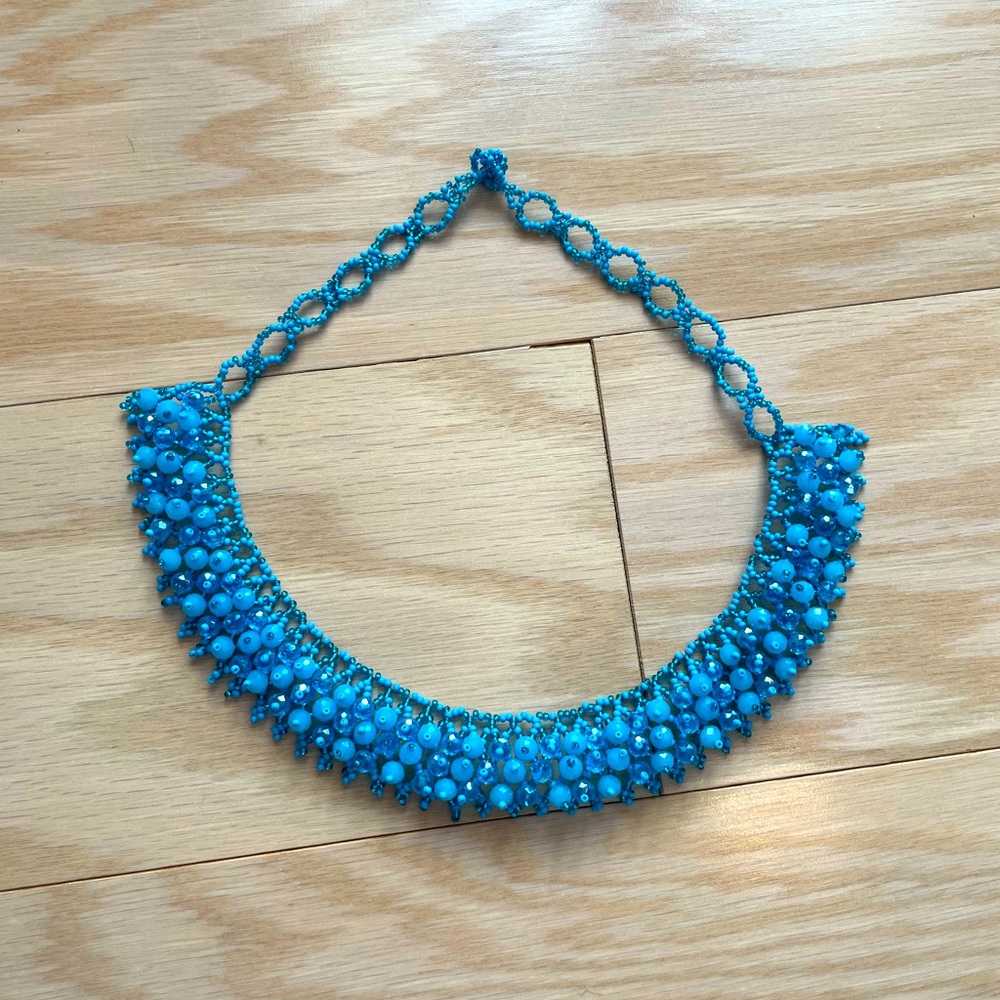 Blue Beaded Statement Necklace with Textured Design